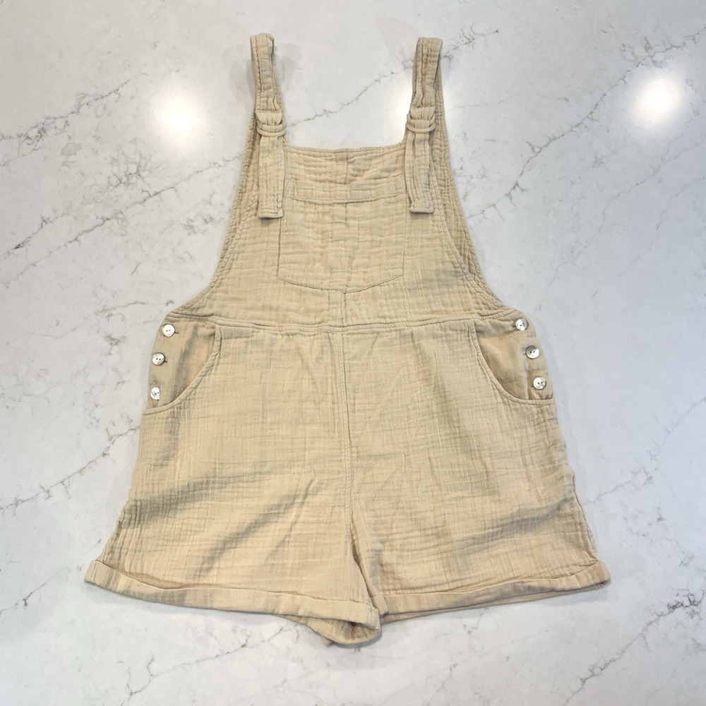 Normal Brand‎ Shortalls Womens M Beige Cotton Gauze Gauzy Shorts Overalls Romper